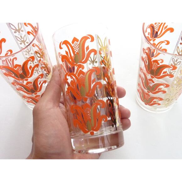 Vintage Boho Juice Glasses Drink Mid Century Glass Tumblers Orange Gold Cups - Picture 4 of 4